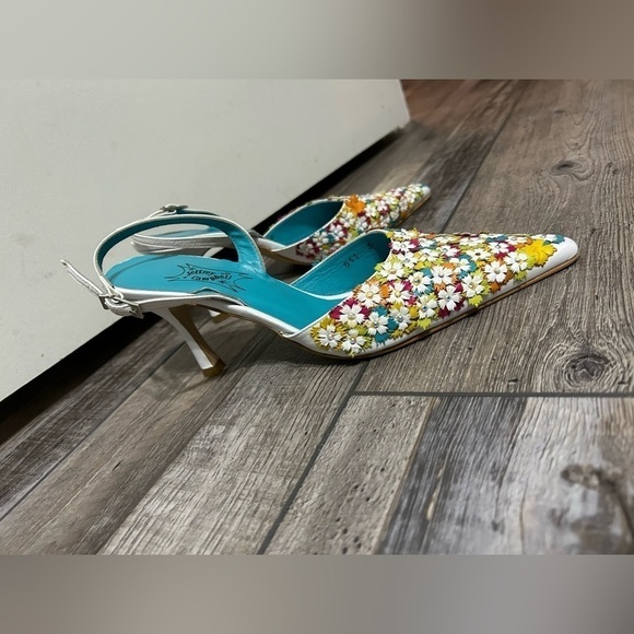 Jeffrey Campbell 💎 🌈 floral Blue&White leather heel white Multi pointy toe - Picture 10 of 12
